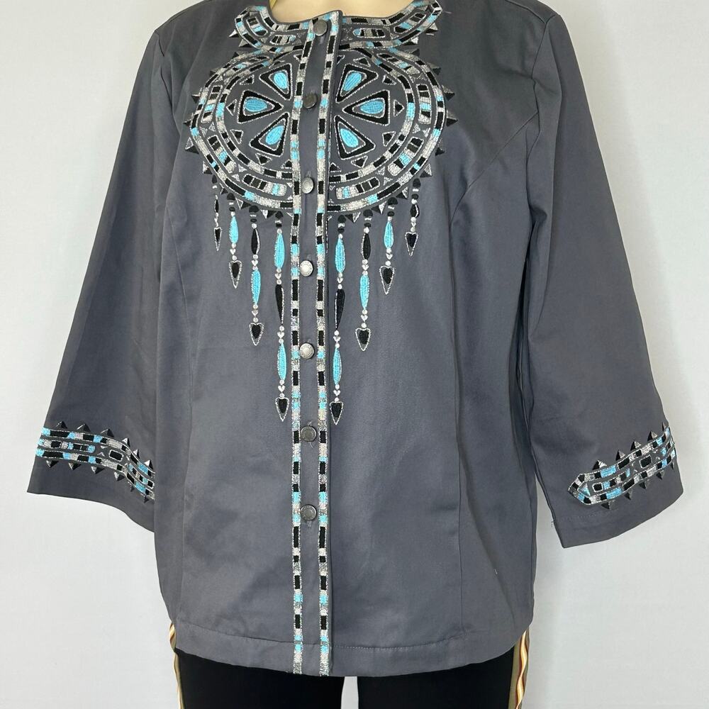 Bob Mackie Wearable Art Gray Southwestern Embellished Jacket L